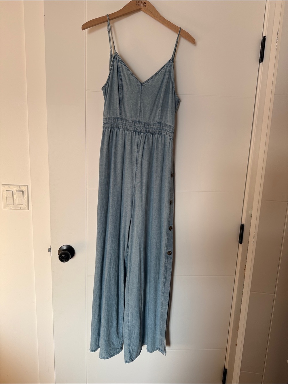 American Eagle Outfitters Light Denim Blue Spaghetti-Strap Wide-Leg Jumpsuit